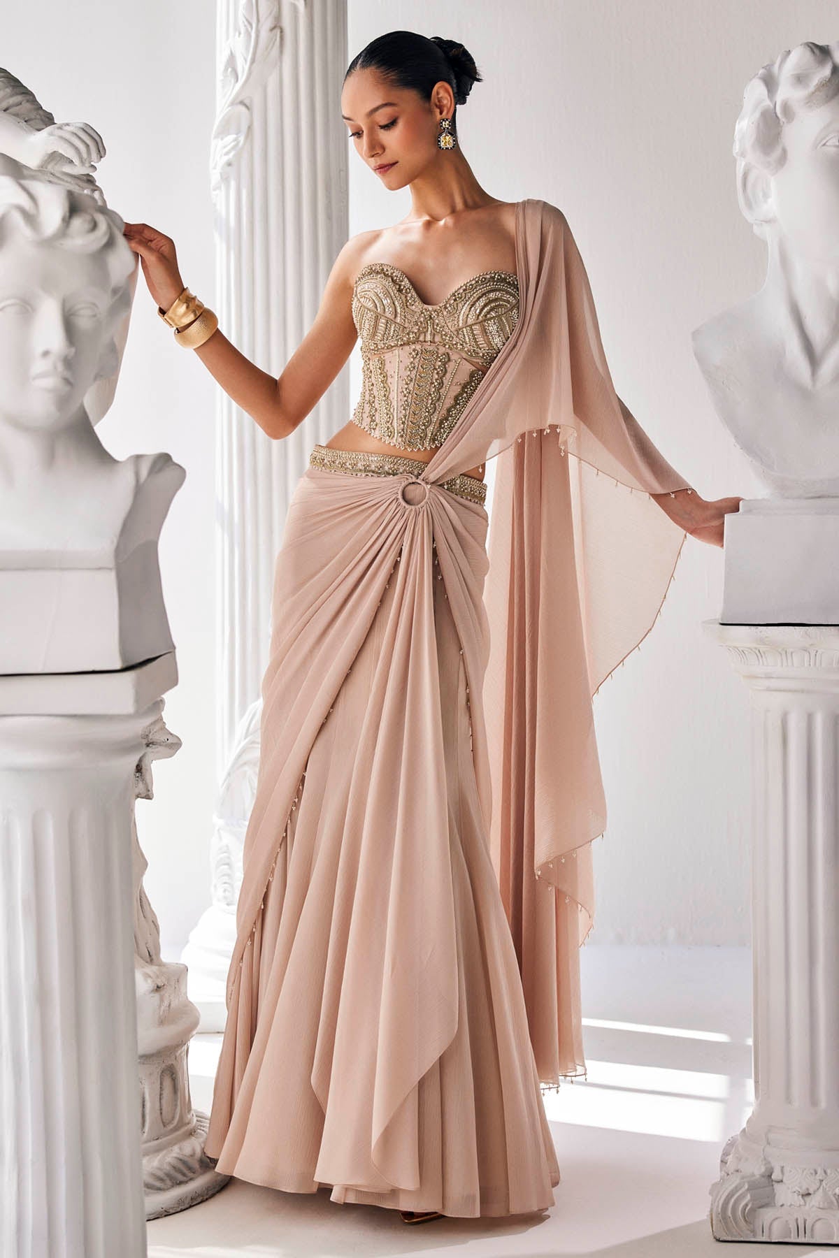 Buy Draped Shimmer Chiffon Saree by Mandira Wirk